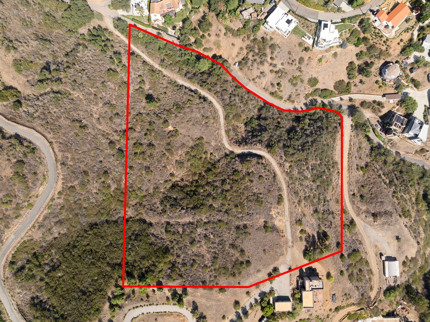 The parcel from above - recorded boundary shown in red